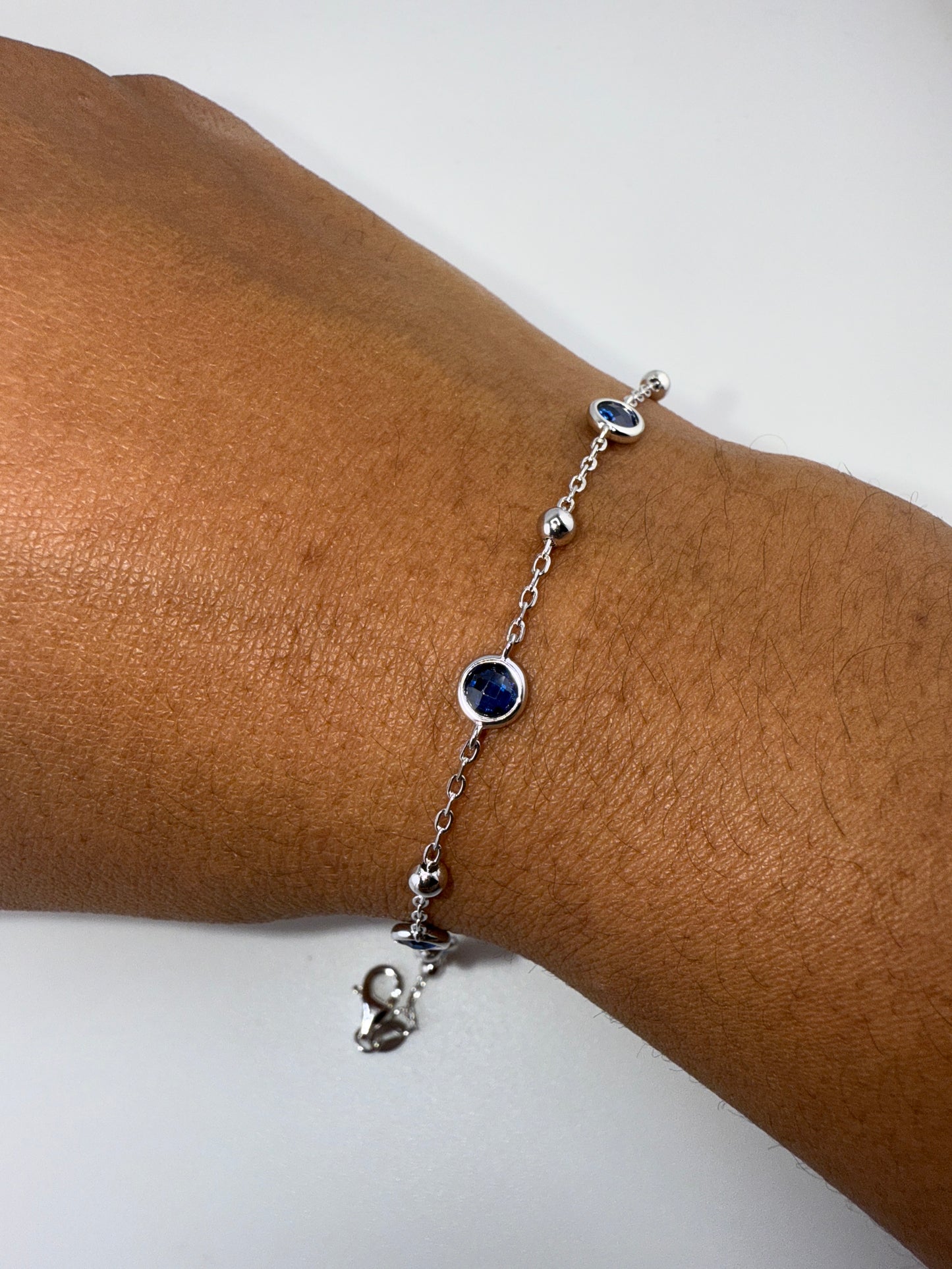 Sterling Silver Bezel-Set Zirconia & Bead Bracelet - Sapphire