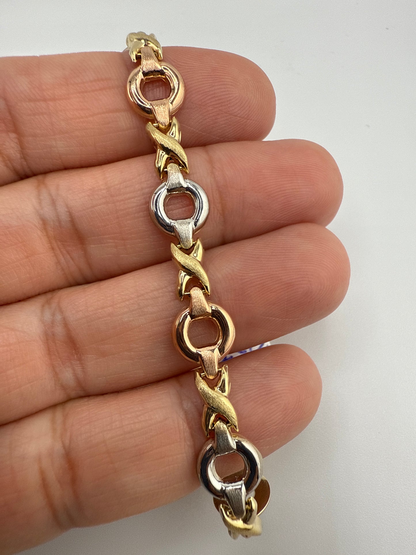 14k gold tri-color open link bracelet | rose gold, yellow gold, white gold | 7.25 inches