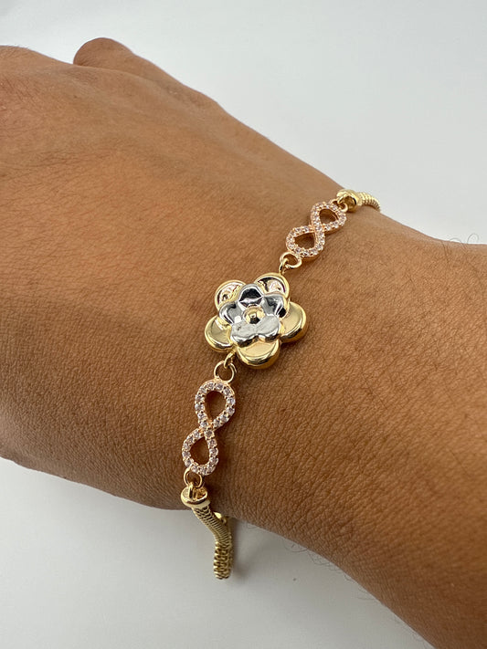 14k Tri-Gold Flower and Infinity sign Bracelet with Zirconia | 7 inches