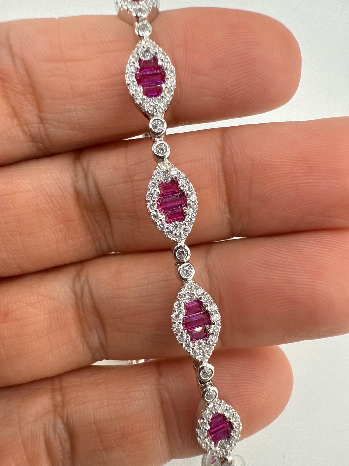 Sterling Silver Baguette Tennis Bracelet - Zirconia Ruby
