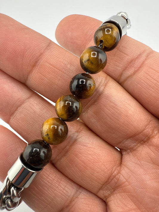 Stainless Steel 8mm Genuine Bracelet Bead & Chain Bracelet - Tiger Eye