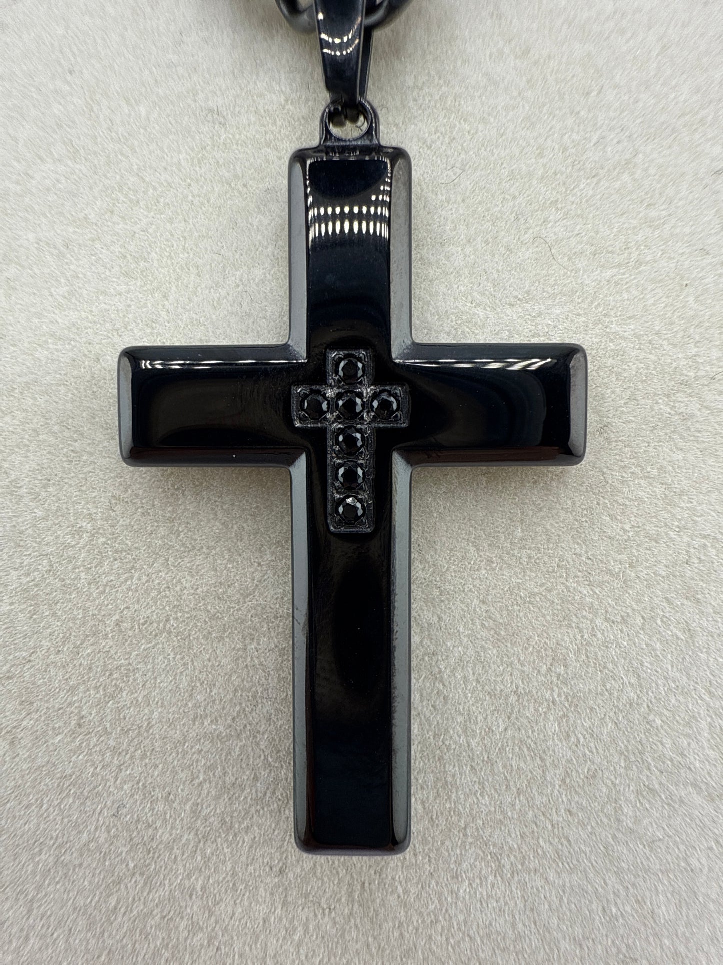 Stainless Steel Polished Zirconia Cross Necklace - Black Plated