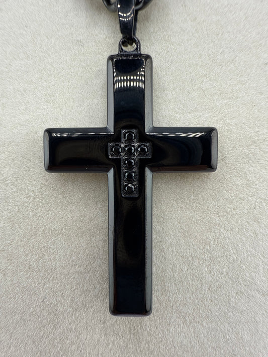 Stainless Steel Polished Zirconia Cross Necklace - Black Plated
