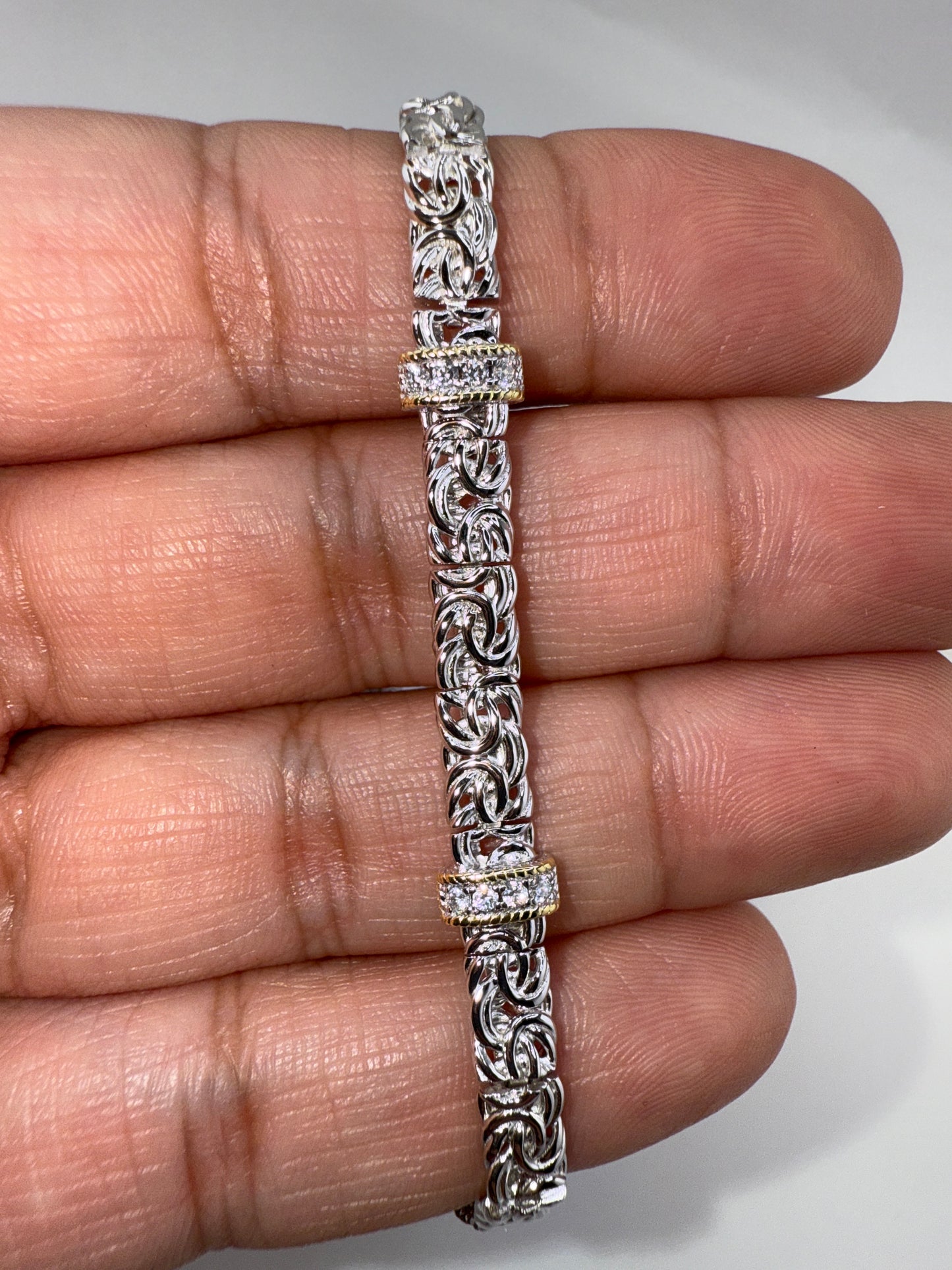 Sterling Silver Byzantine Design Zirconia Bracelet - Two-Tone