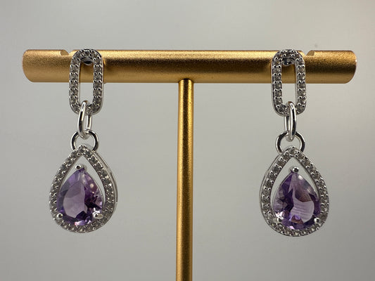 Sterling Silver, Pearshaped 7x9 Amethyst & White Topaz Paperclip Earrings