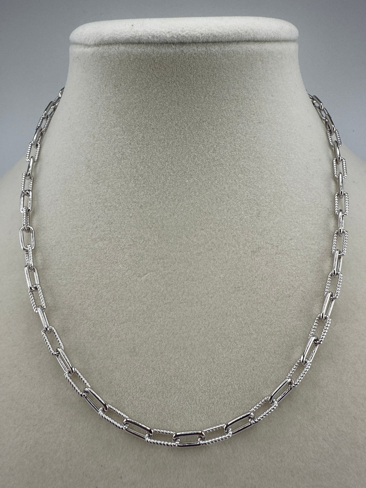 Sterling Silver, Polished & Rope Design Paperclip Necklace