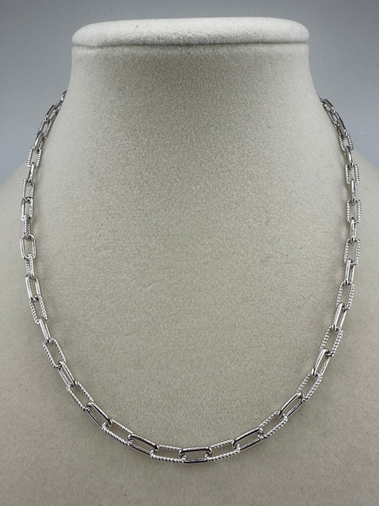 Sterling Silver, Polished & Rope Design Paperclip Necklace