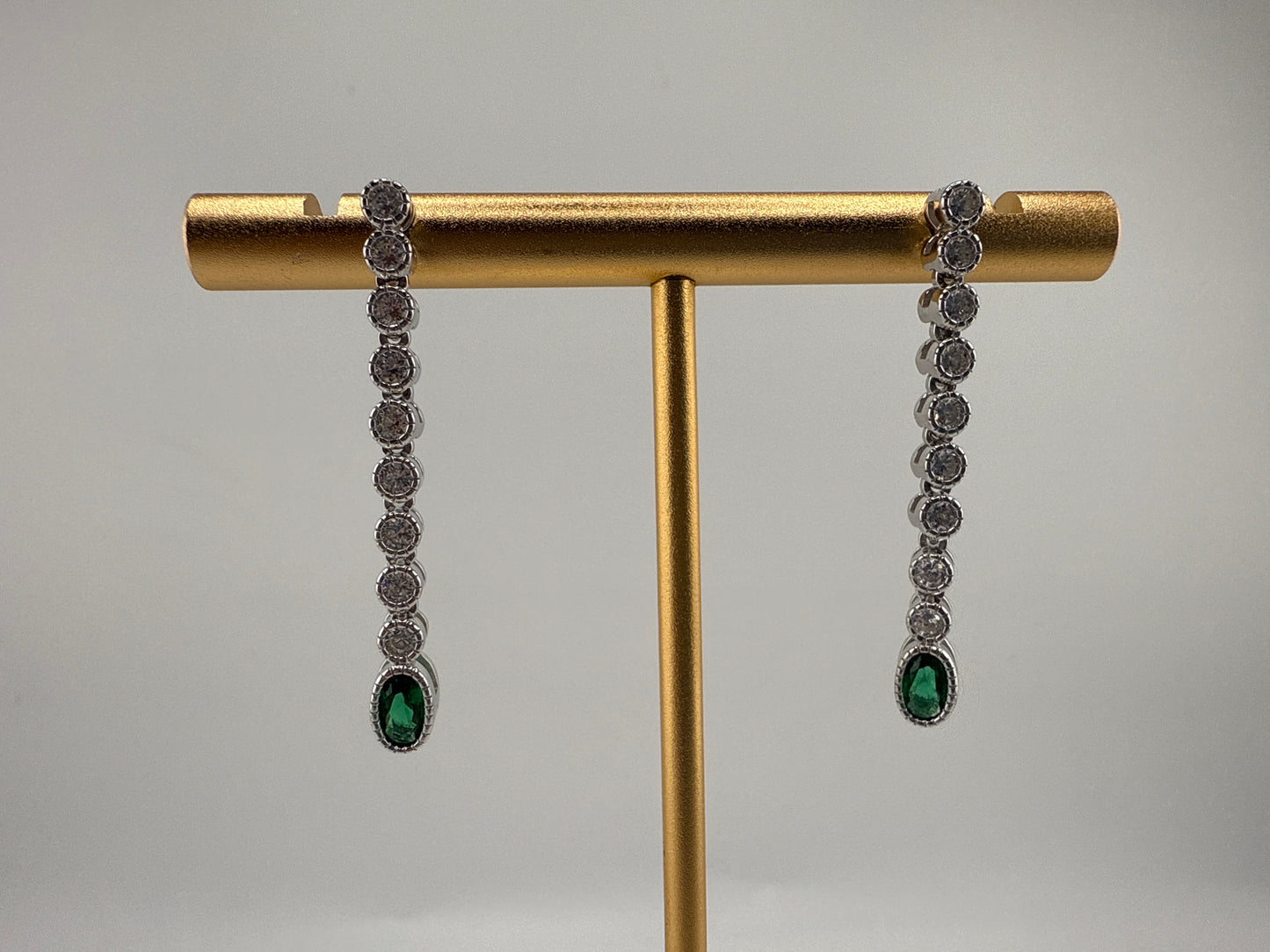 Sterling Silver Beaded Outline Oval & Round Zirconia Earrings - Emerald