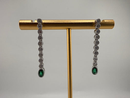 Sterling Silver Beaded Outline Oval & Round Zirconia Earrings - Emerald