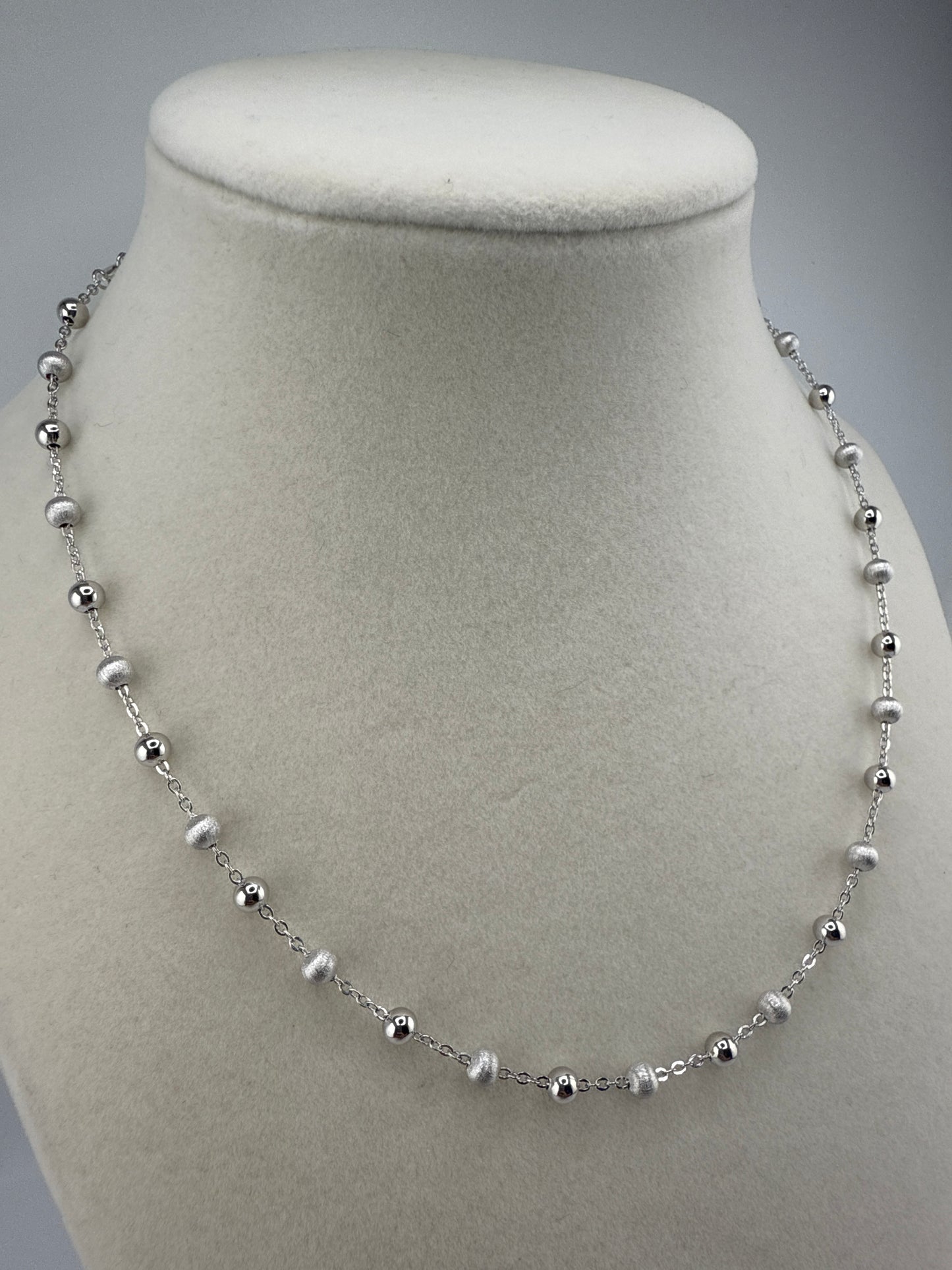 Sterling Silver Alternating Brushed & Polished Bead Station Necklace