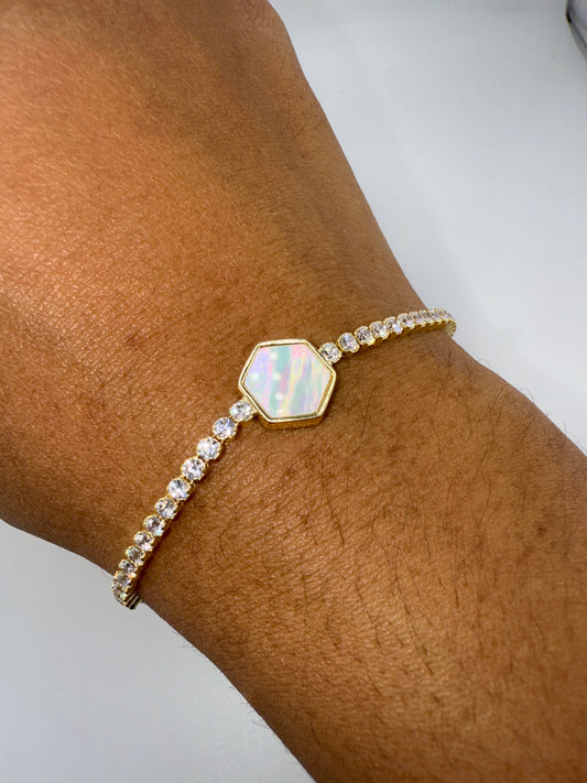 Sterling Silver, Hexagon MOP Center, Zirconia Adjustable Bolo Bracelet - Gold Plated