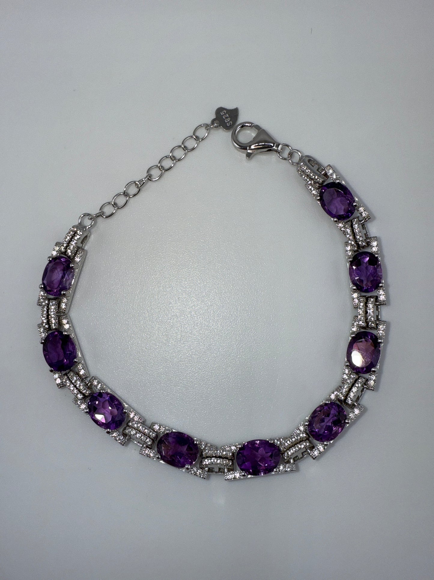 Sterling Silver, Oval & White Topaz Link Bracelet - Amethyst
