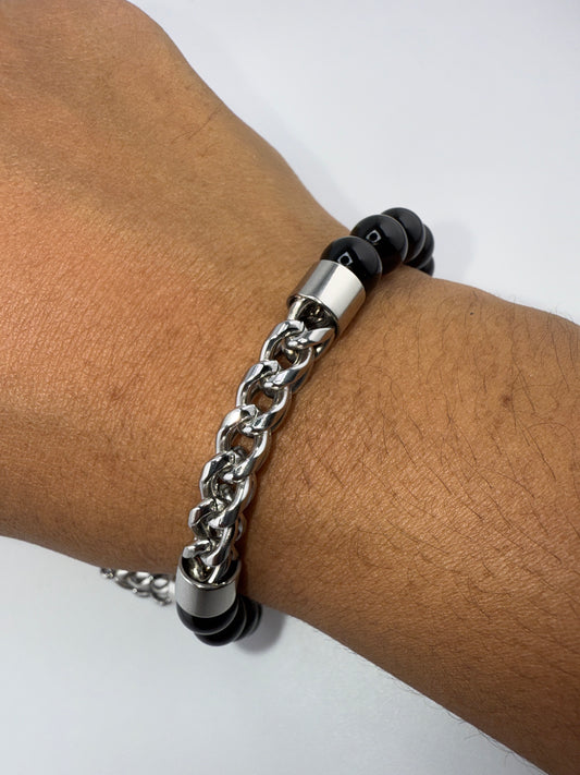 Stainless Steel 8mm Genuine Bead & Chain Bracelet - Onyx