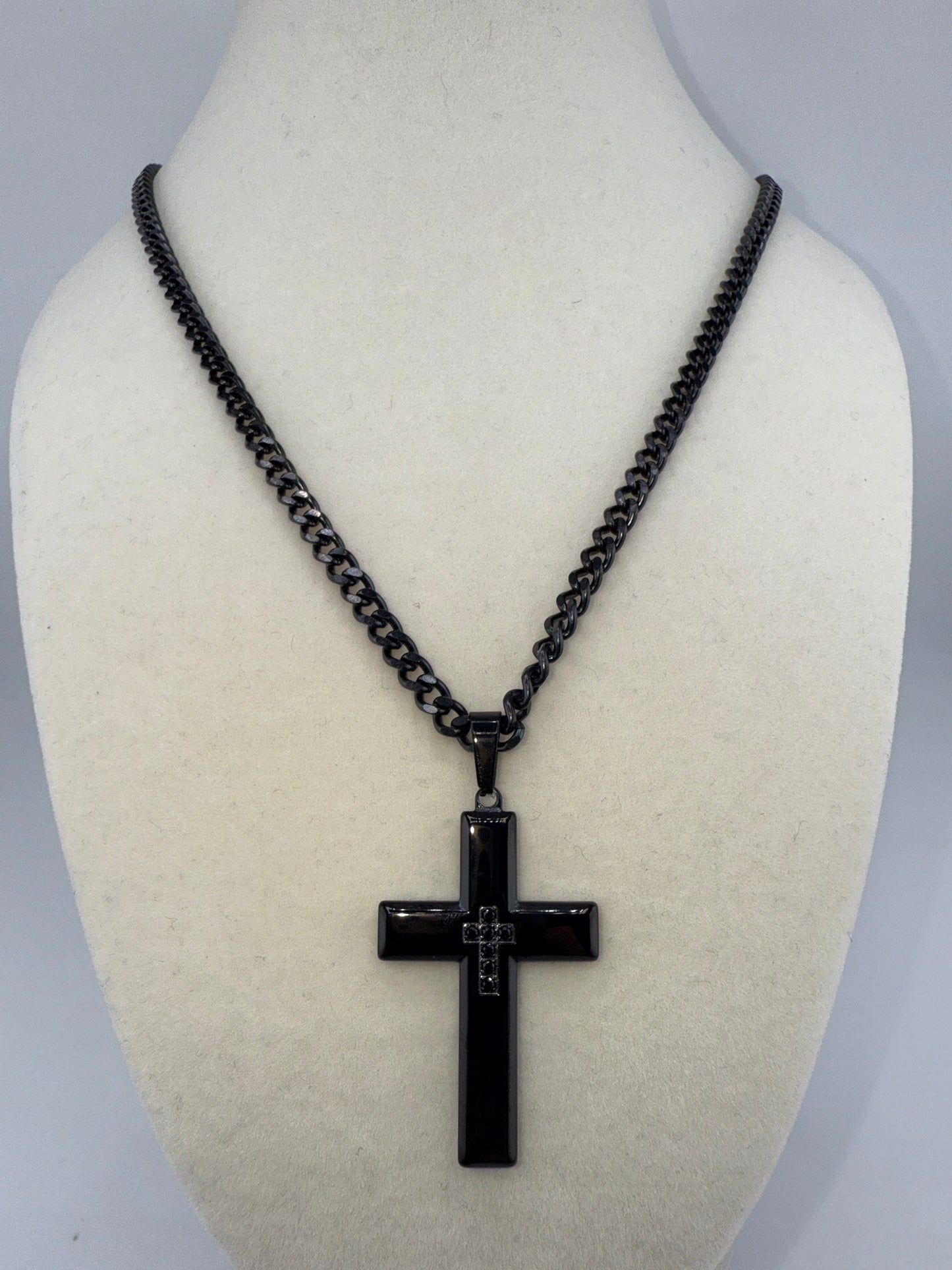 Stainless Steel Polished Zirconia Cross Necklace - Black Plated