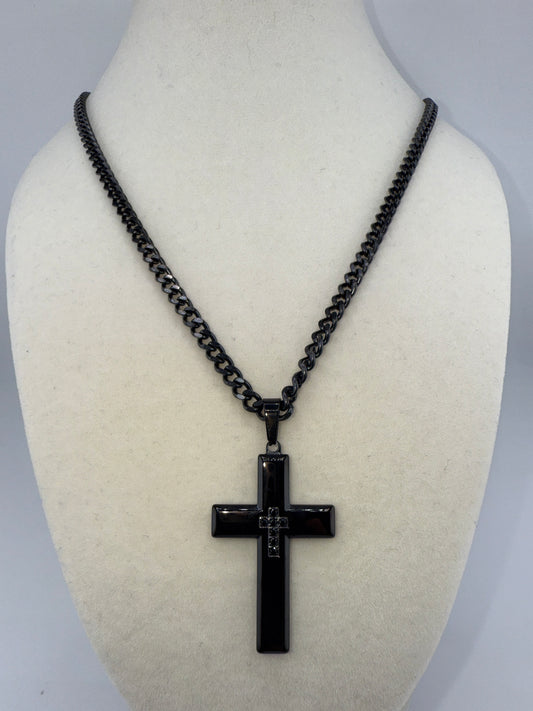 Stainless Steel Polished Zirconia Cross Necklace - Black Plated