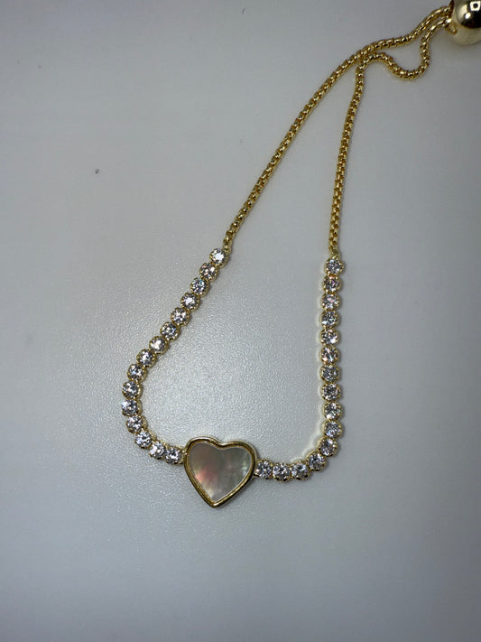 Sterling Silver Heart MOP Center Zirconia Adjustable Bolo Bracelet - Gold Plated