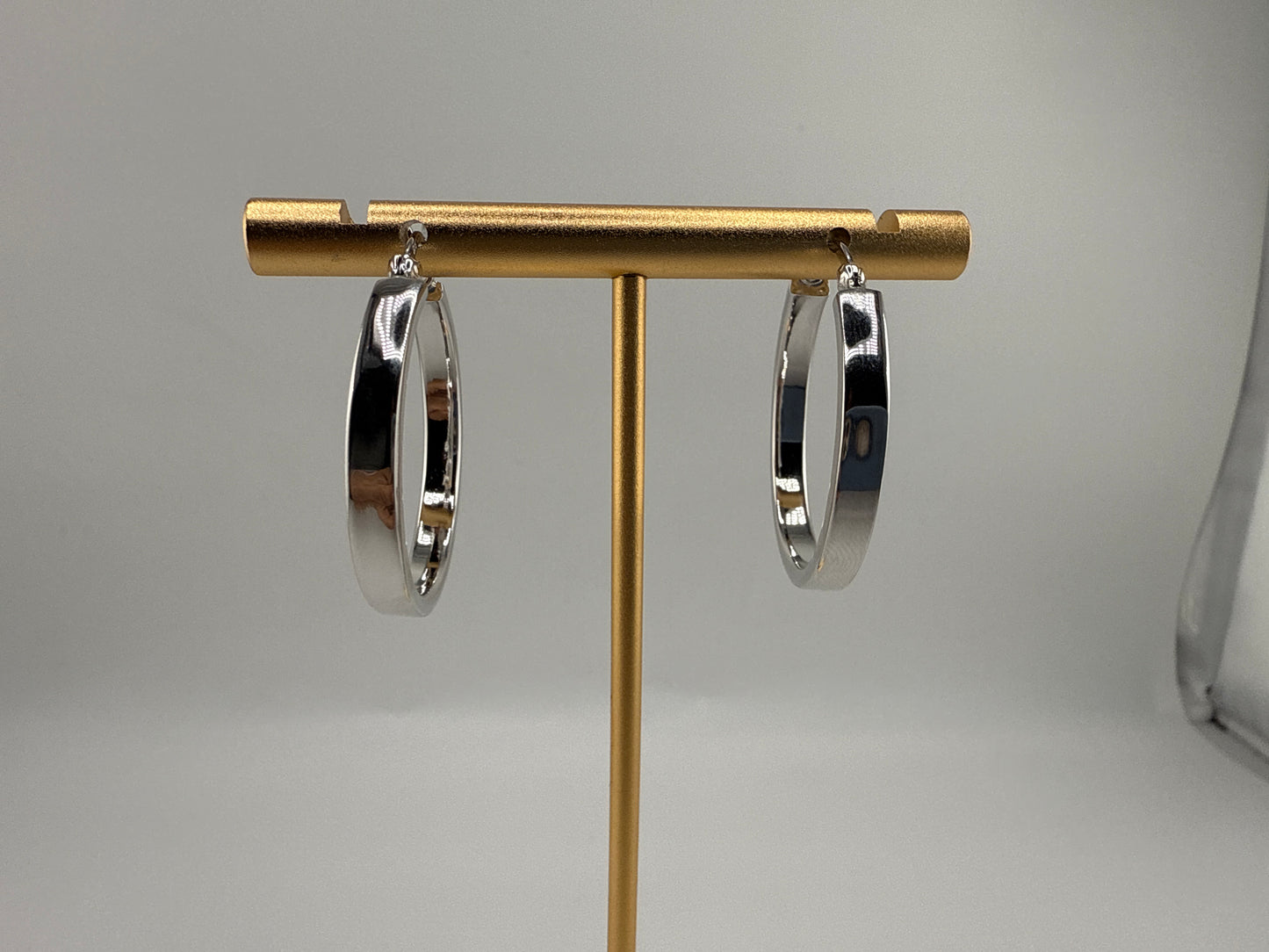 Sterling Silver 4x29mm Fancy Flat Hoop Earrings - Rhodium Plated