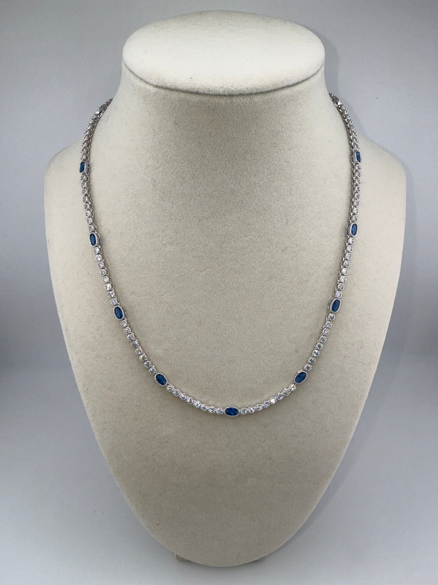 Sterling Silver Beaded Outline Oval & Round Zirconia Tennis Necklace - Sapphire