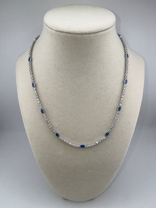 Sterling Silver Beaded Outline Oval & Round Zirconia Tennis Necklace - Sapphire