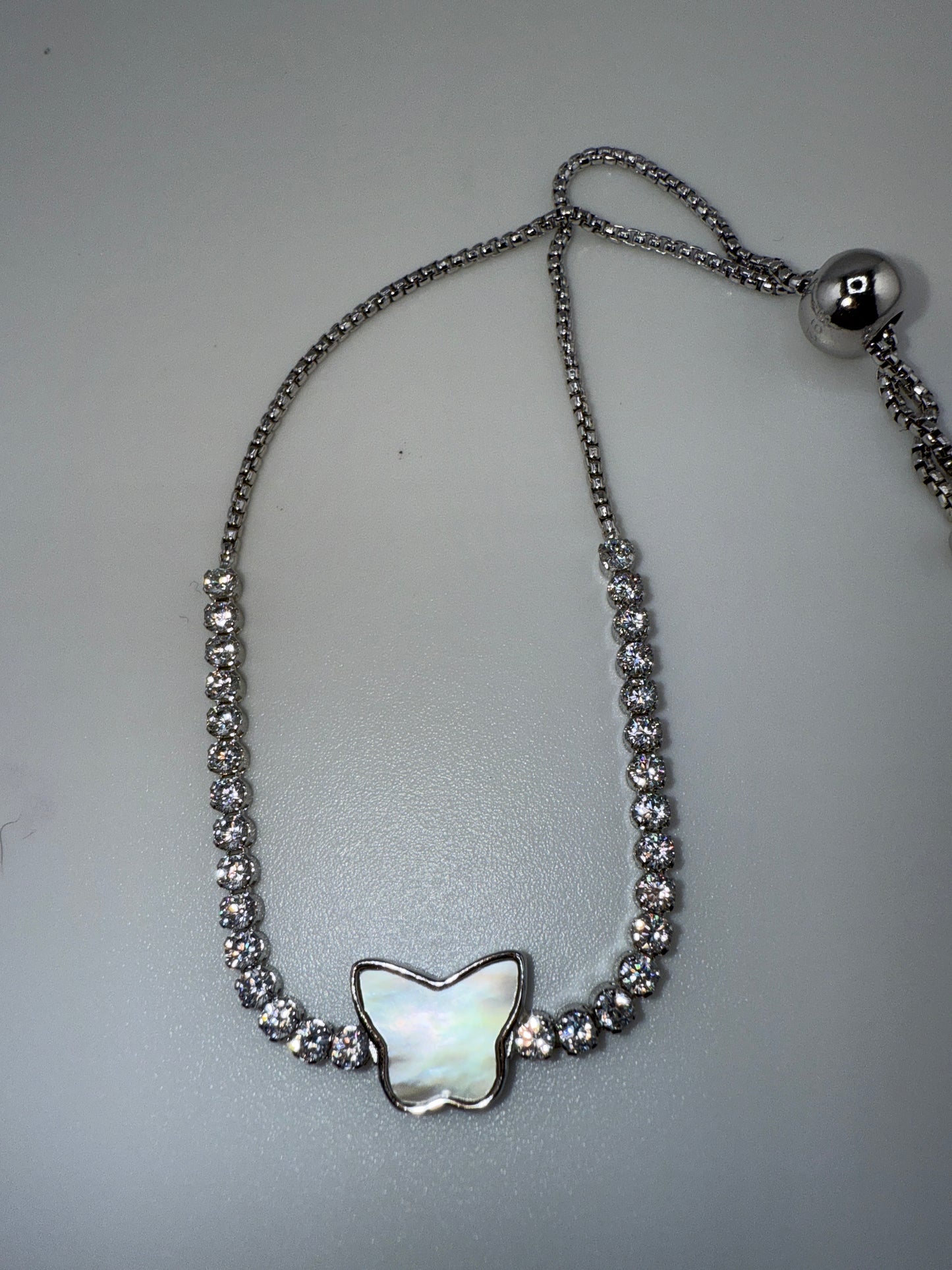 Sterling Silver Butterfly MOP Center, Zirconia Adjustable Bolo Bracelet