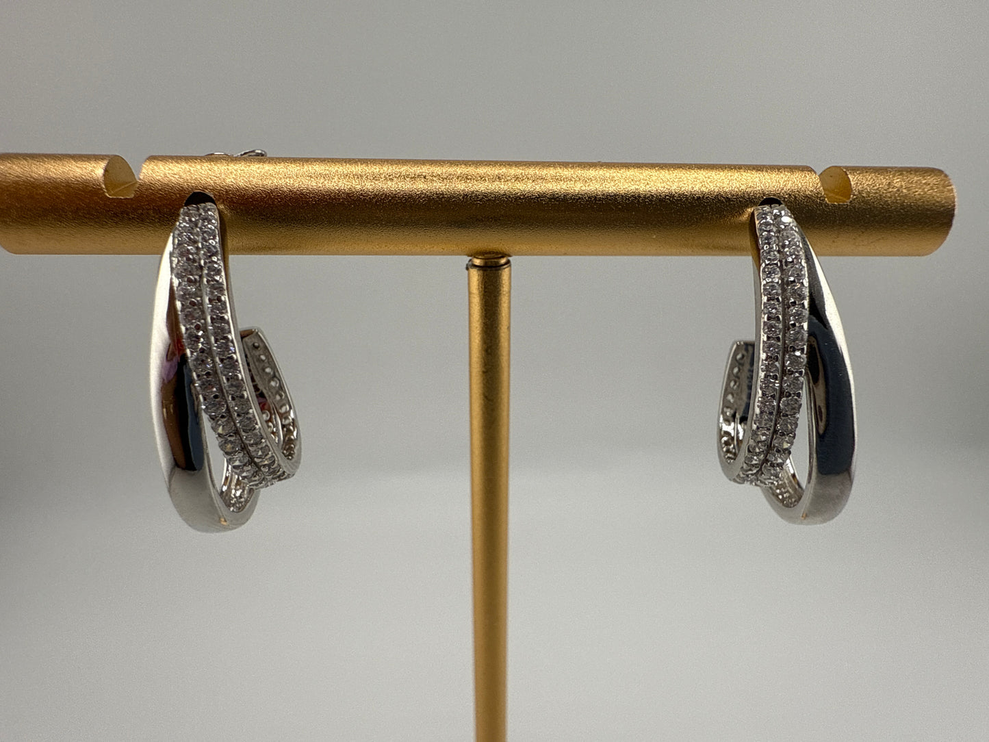 Sterling Silver, Triple Row Zirconia & Polished Half Hoop Earrings