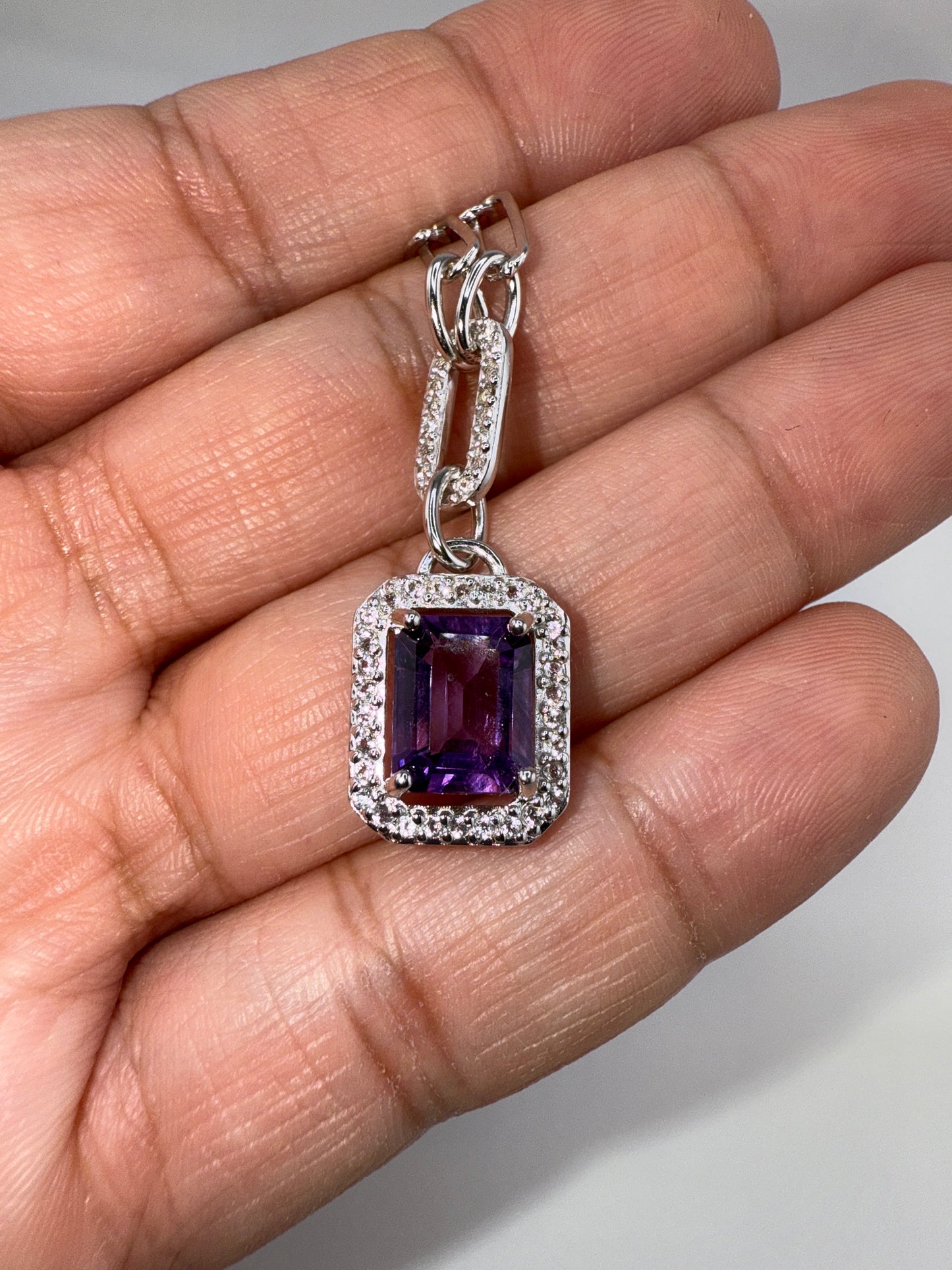 Sterling Silver Emerald-Cut 7x9 Amethyst, White Topaz Border, Paperclip Necklace