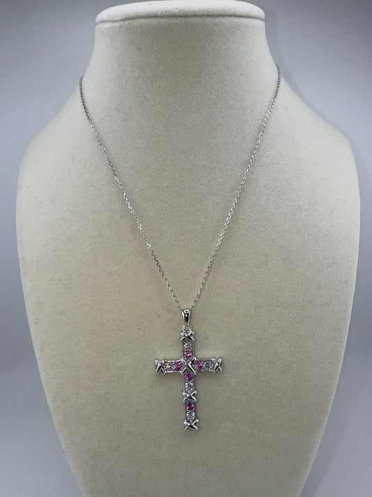 Sterling Silver Zirconia and Pink Topaz Cross Necklace