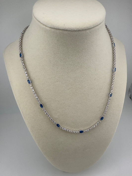 Sterling Silver Beaded Outline Oval & Round Zirconia Tennis Necklace - Sapphire