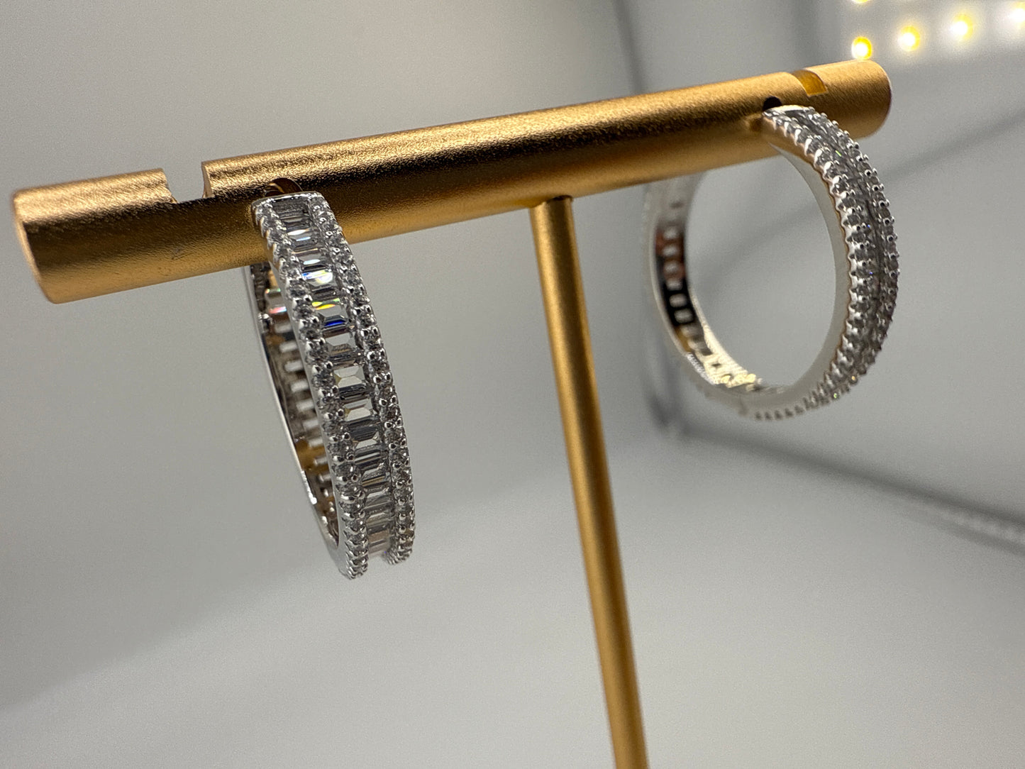 Sterling Silver Baguette Zirconia 25mm Hoop Earrings