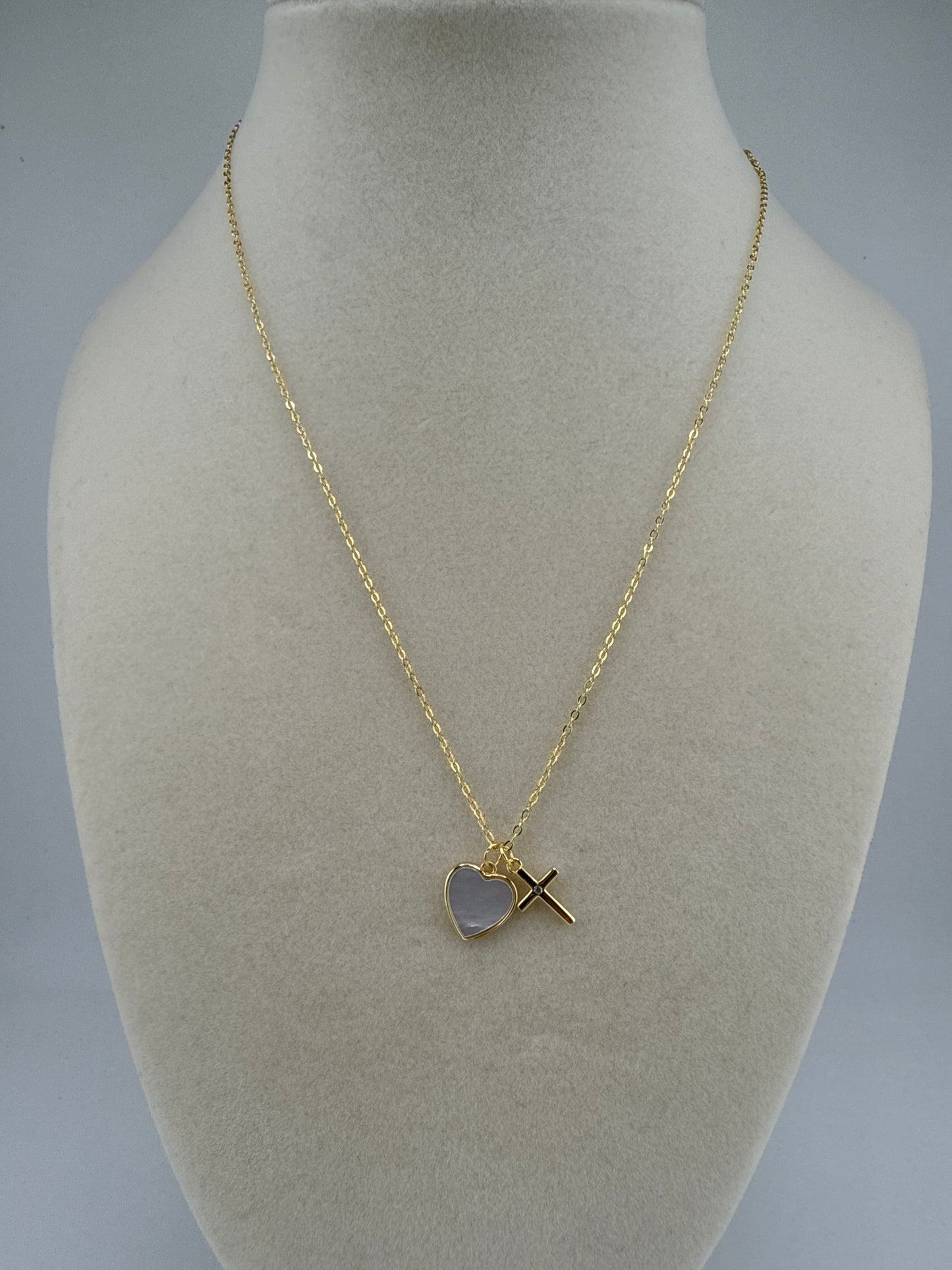 Sterling Silver Gold-plated MOP Zirconia Heart and Cross 14inches long