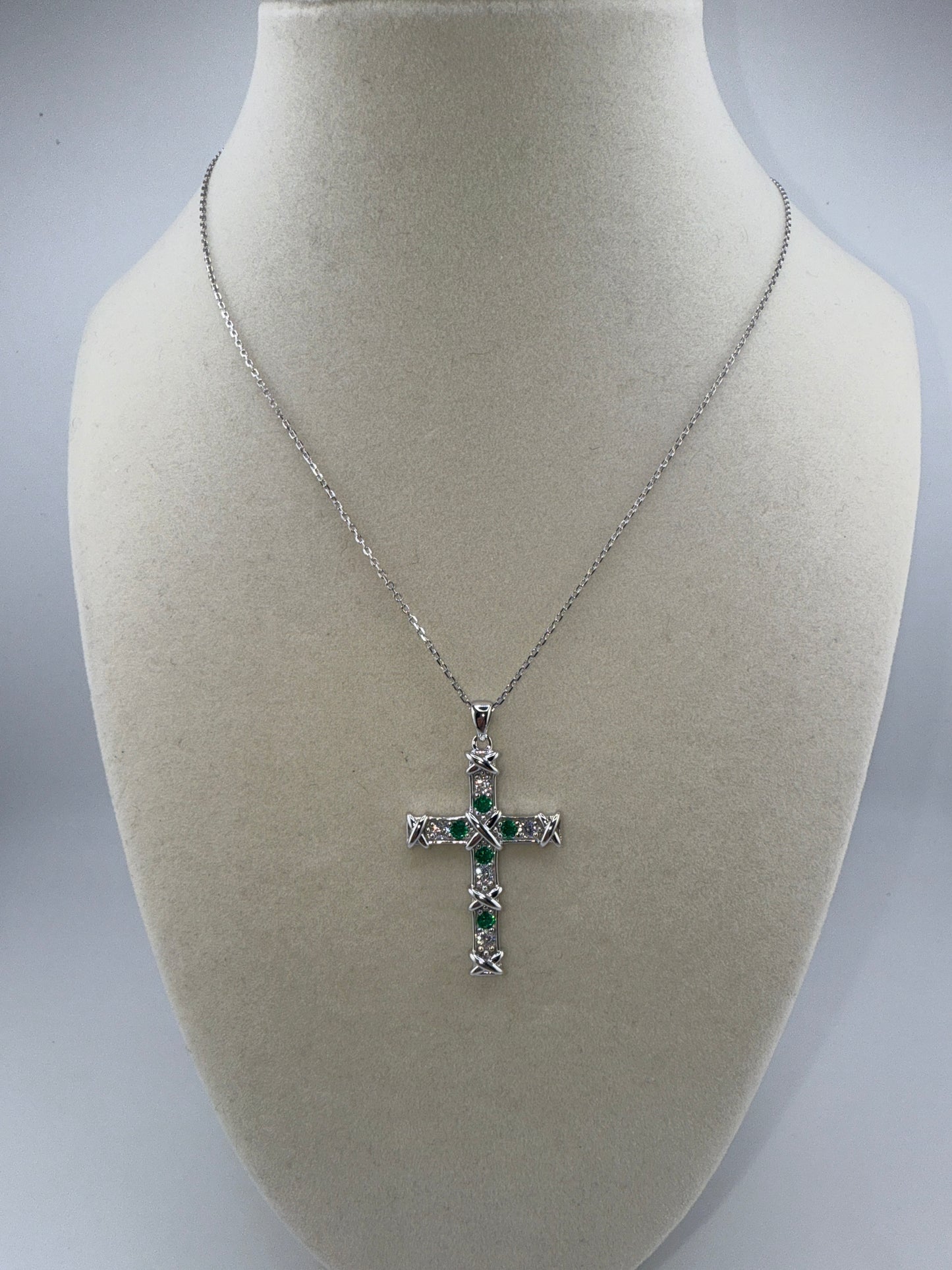 Sterling Silver Cross Necklace - Emerald and Zirconia
