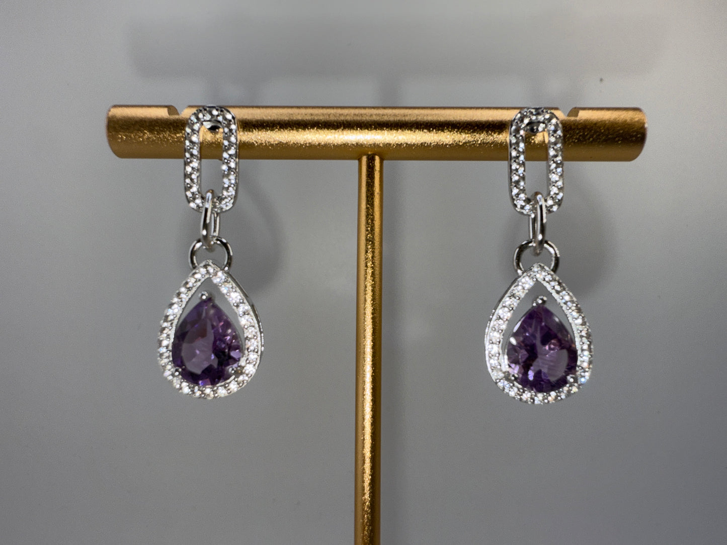 Sterling Silver, Pearshaped 7x9 Amethyst & White Topaz Paperclip Earrings
