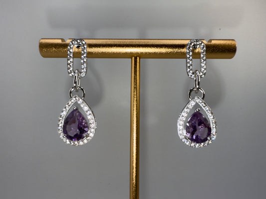 Sterling Silver, Pearshaped 7x9 Amethyst & White Topaz Paperclip Earrings