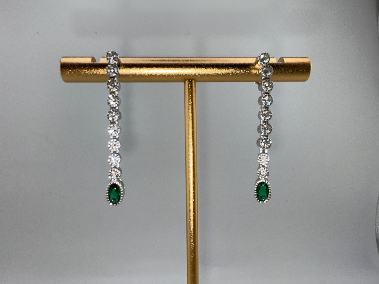 Sterling Silver Beaded Outline Oval & Round Zirconia Earrings - Emerald