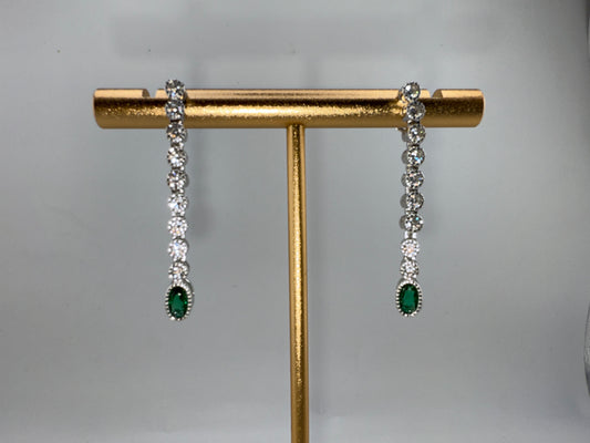 Sterling Silver Beaded Outline Oval & Round Zirconia Earrings - Emerald