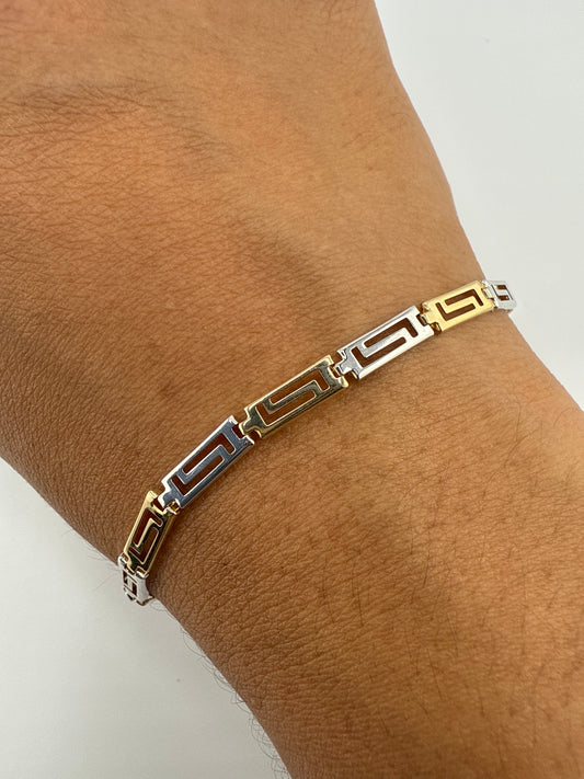 14k gold two-toned Greek key bracelet | yellow gold, white gold, rose gold | 7.5 inches