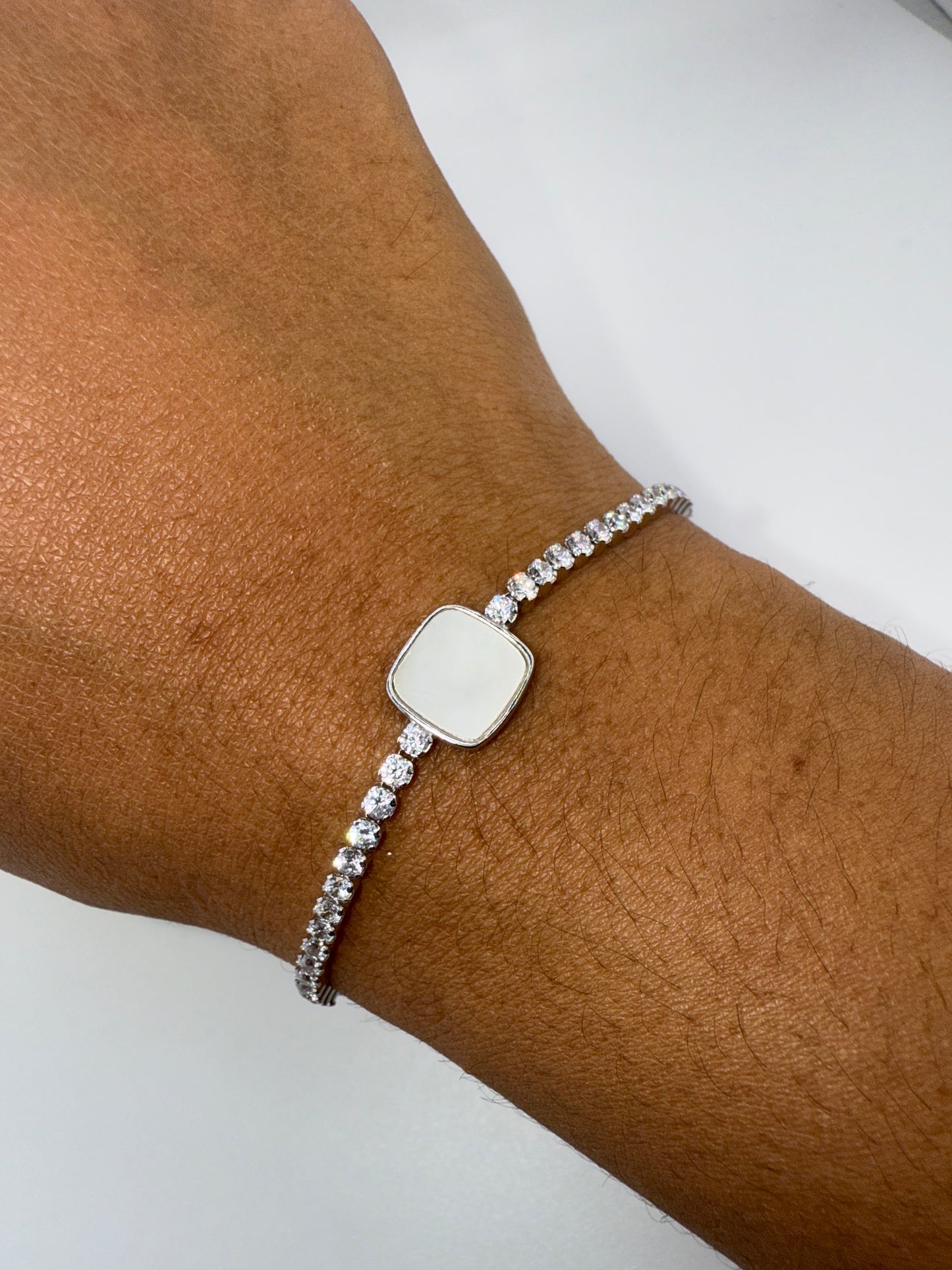 Sterling Silver, Square MOP Center, Zirconia Adjustable Bolo Bracelet