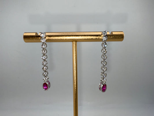 Sterling Silver Beaded Outline Oval and Round Zirconia Earrings - Ruby