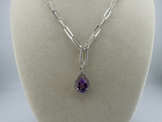 Sterling Silver Pearshaped 7x9 Amethyst & White Topaz Paperclip Necklace