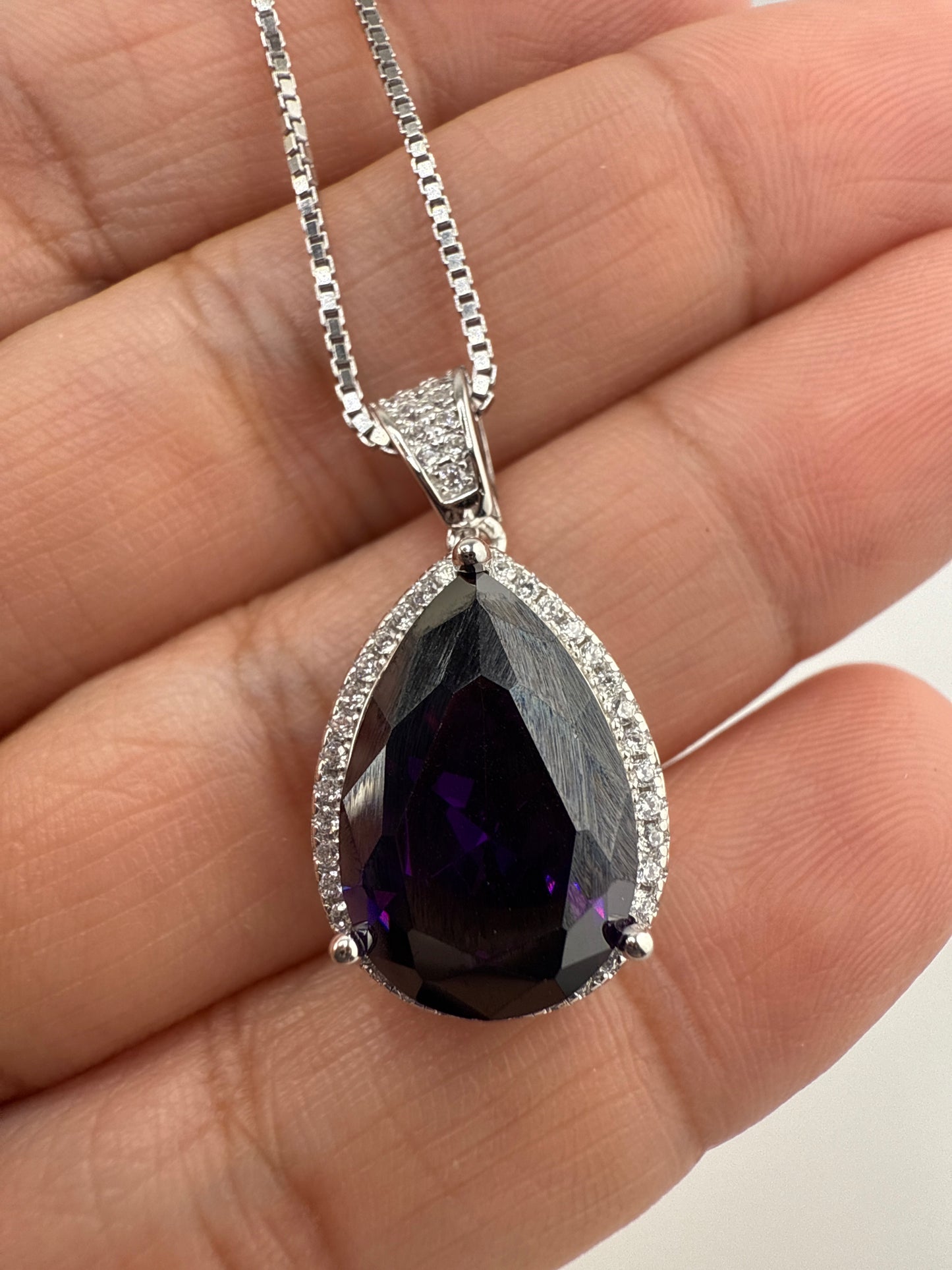 Sterling Silver Zirconia and Pear-shaped Amethyst Swarovski Element Halo Necklace with Box Chain