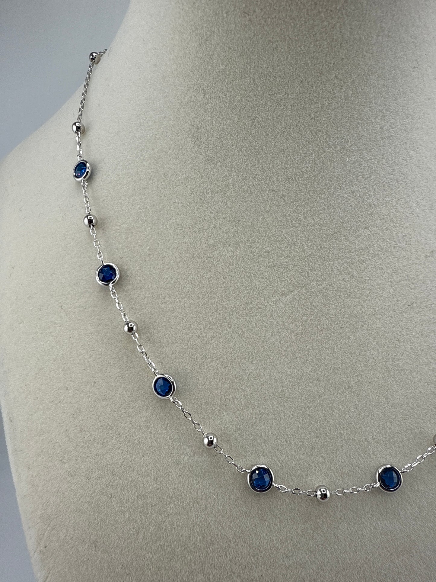 Sterling Silver Bezel-Set Zirconia & Bead Station Necklace - Sapphire, 16 inches