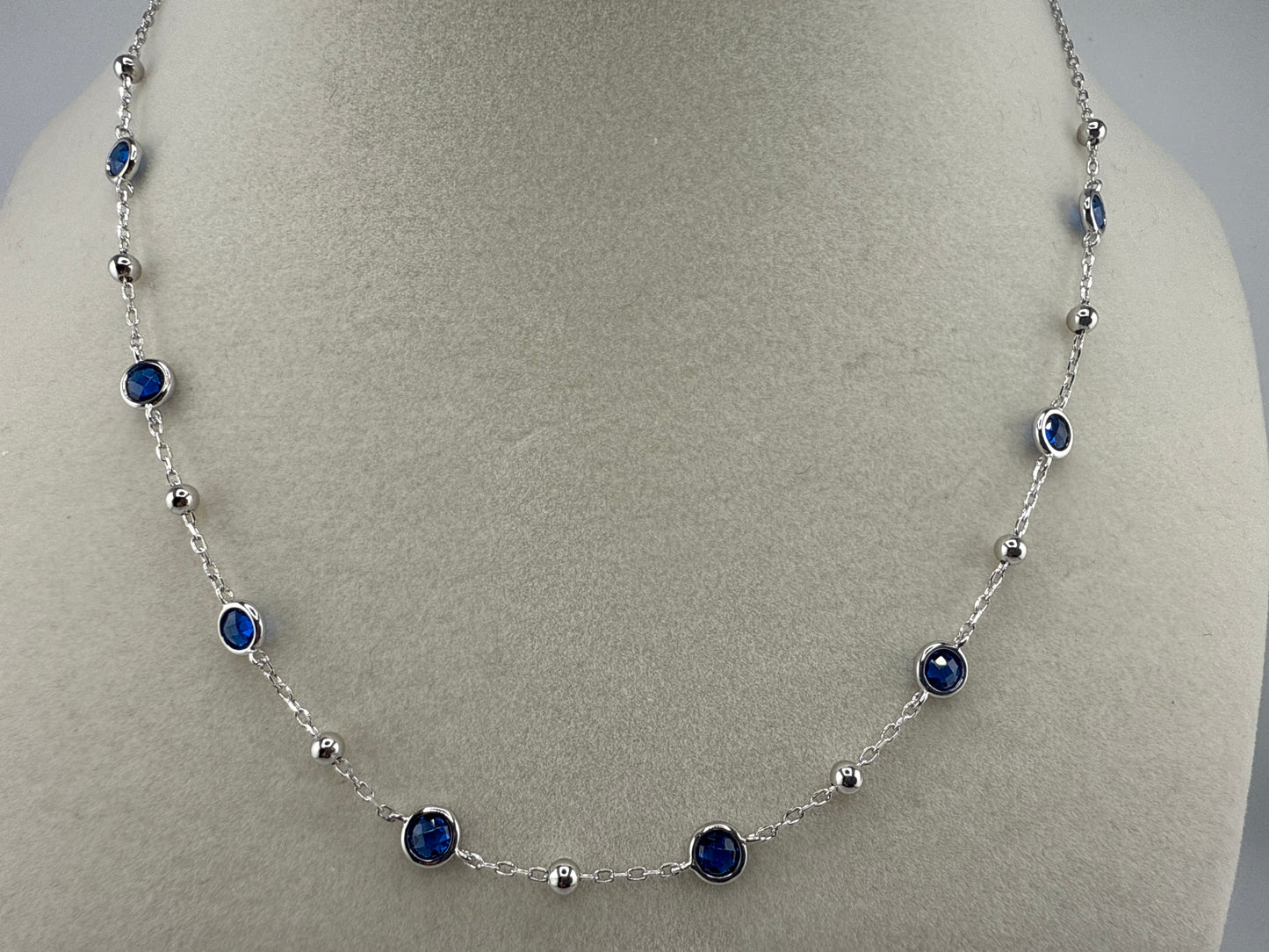 Sterling Silver Bezel-Set Zirconia & Bead Station Necklace - Sapphire, 16 inches