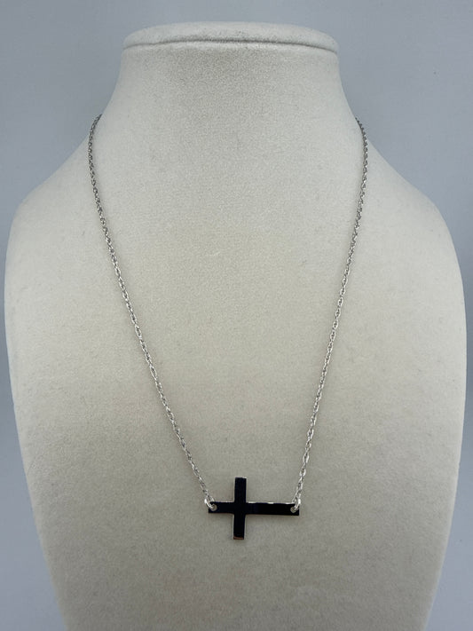 Sterling Silver Rhodium-plated Large Sideways Cross Necklace