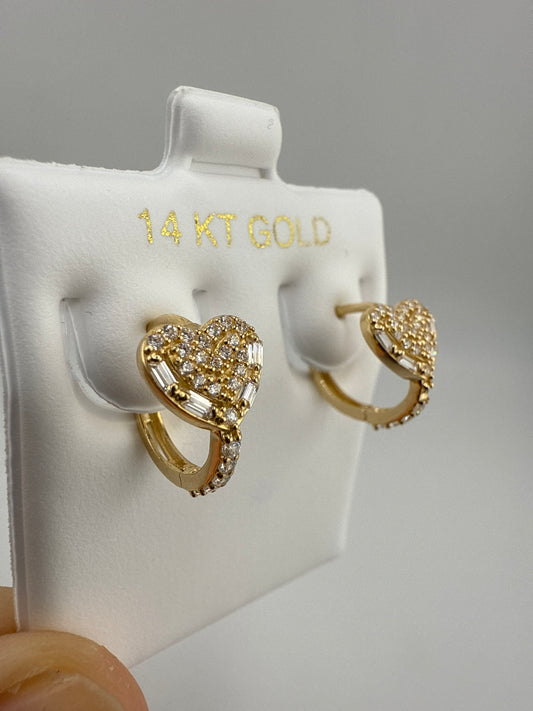 14k Yellow Gold and Zirconia Small Heart Huggie Earrings
