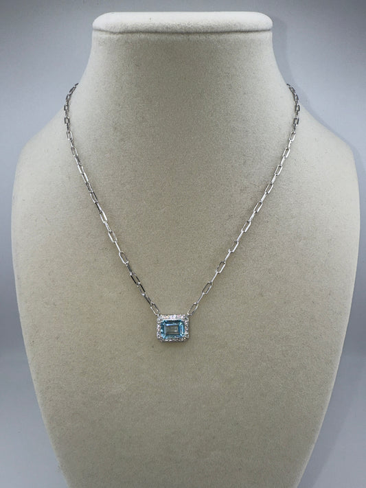 Sterling Silver Rectangle 6x8 Blue Topaz, White Topaz Border, Paperclip Necklace