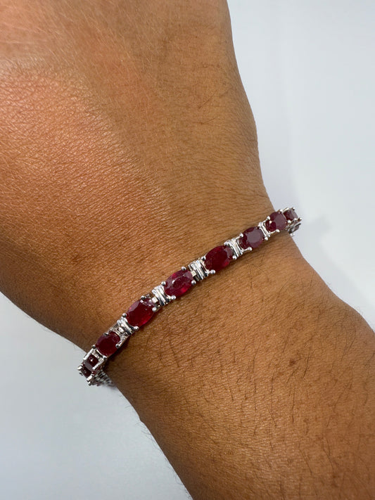 Sterling Silver Oval Glass Filled Ruby Bracelet
