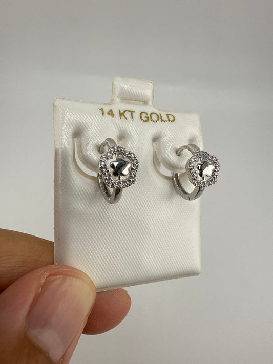 14k White Gold small Zirconia Huggie Earrings with Flower and Star details