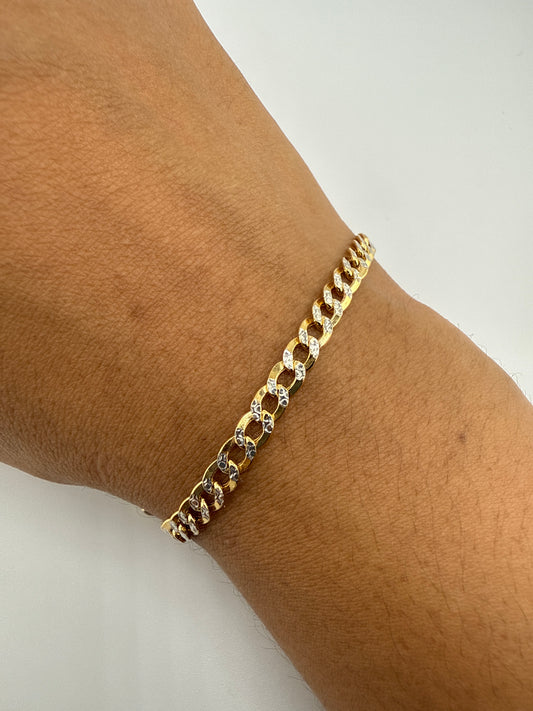 14k Gold Bracelet with white gold Pave | flat Cuban link | 8 inches