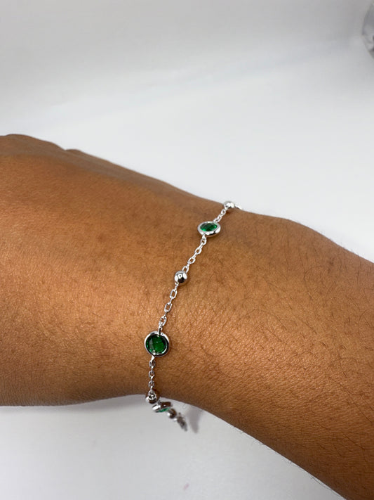 Sterling Silver Bezel-Zirconia & Bead Bracelet with Emerald