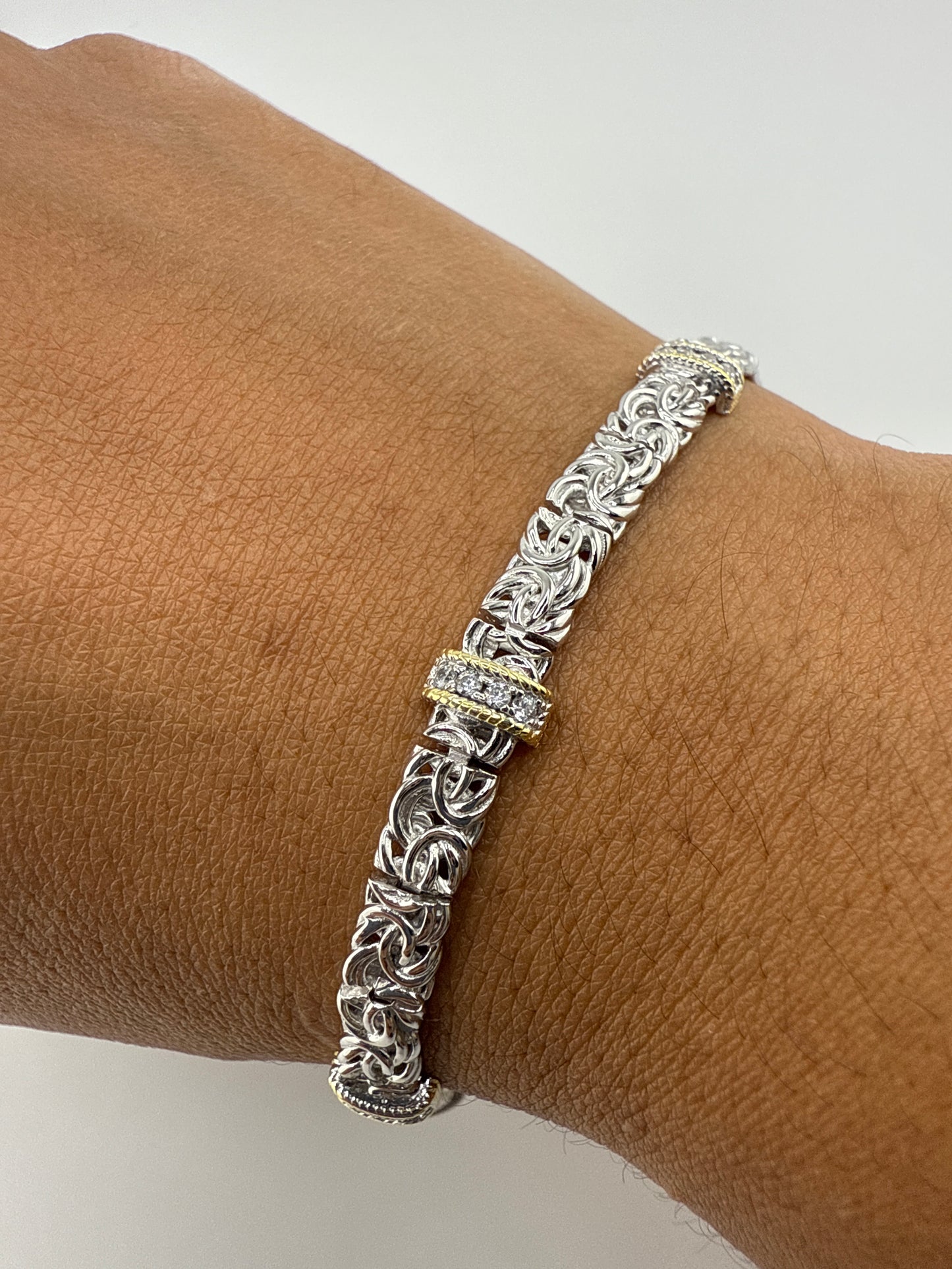 Sterling Silver Byzantine Design Zirconia Bracelet - Two-Tone